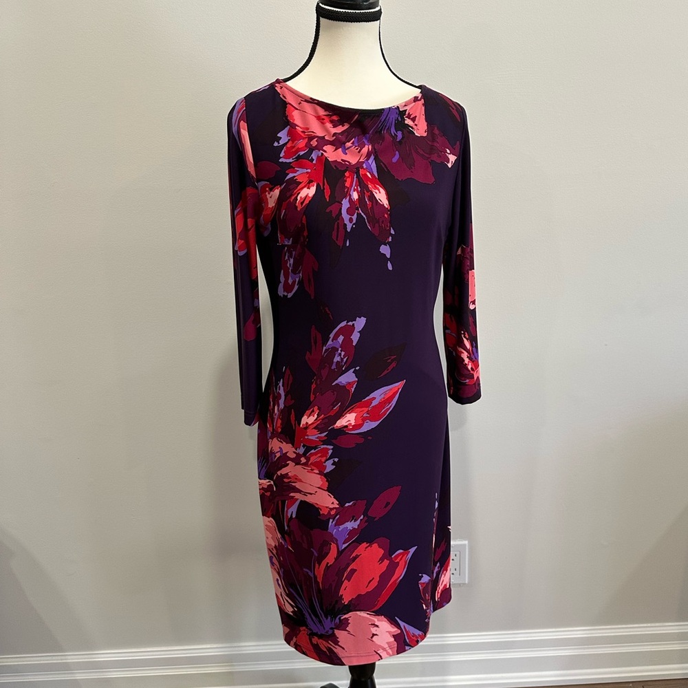 - Joseph Ribkoff Floral Shift Dress – Purple & Red Print, Size 10